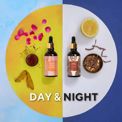 Day & Night Face Oil Duo - Best Ayurvedic Skin Oils for Morning and Evening Daily with Haldi, Manjishta, Natural Vitamin C, Vitamin E Beauty set iYURA